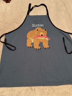 Little Blue House Hatley Alaska Grizzly Bear Slate Blue Cotton Apron Salmon NWOT